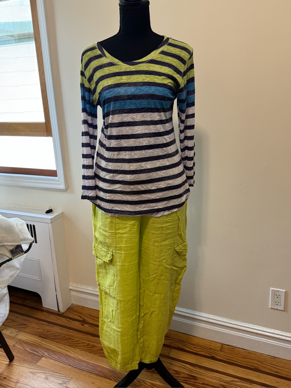 David Cline Striped Long-Sleeve Top with Lime Cargo Wide-Leg Pants